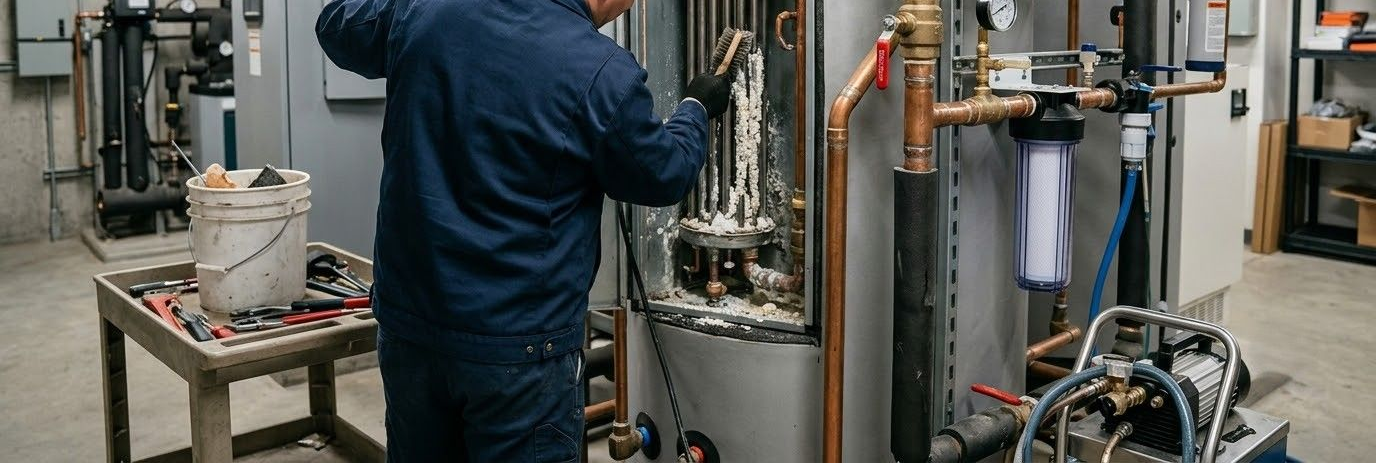 Worker in navy coveralls inspecting industrial machinery in a factory setting