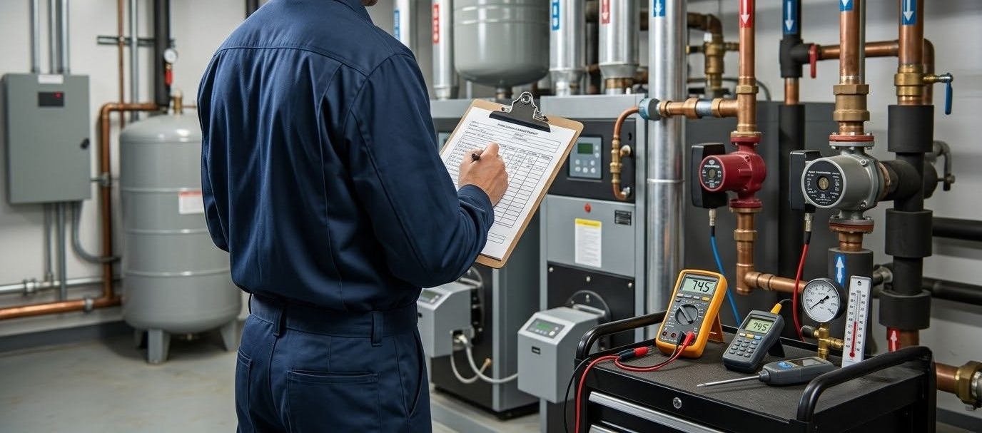 Technician in blue coveralls checks a clipboard beside industrial machinery and gauges in a factory room