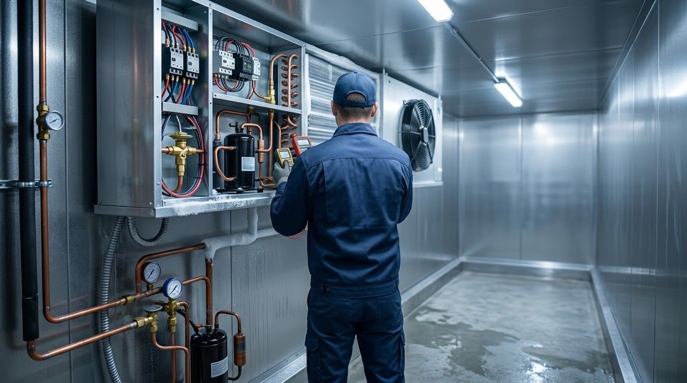 Technician inspecting electrical panels in a stainless-steel utility corridor.