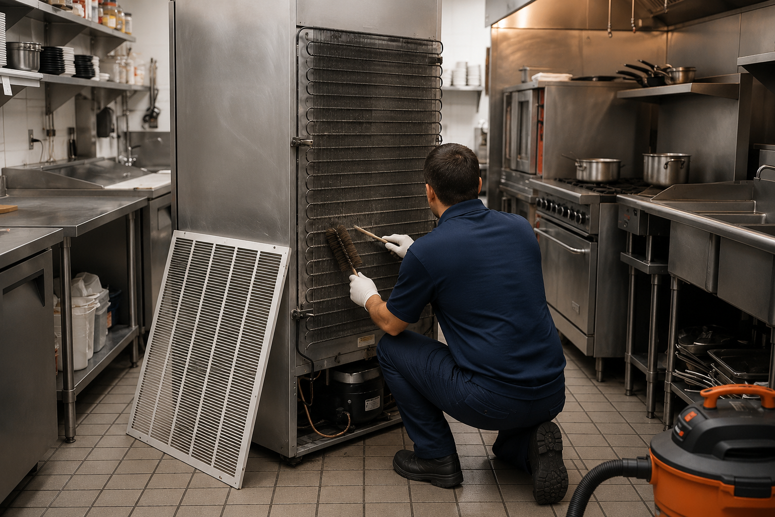 Technician kneeling by a large kitchen appliance, inspecting a greasy rack in a commercial kitchen