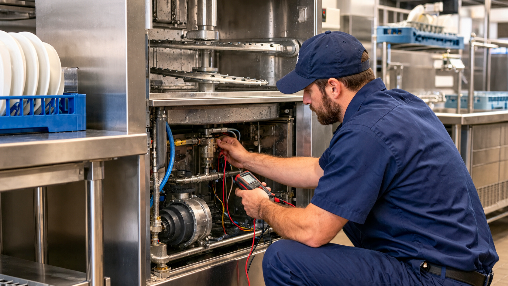 Worker cleaning the lint filter inside a front-load dryer, wearing white gloves.