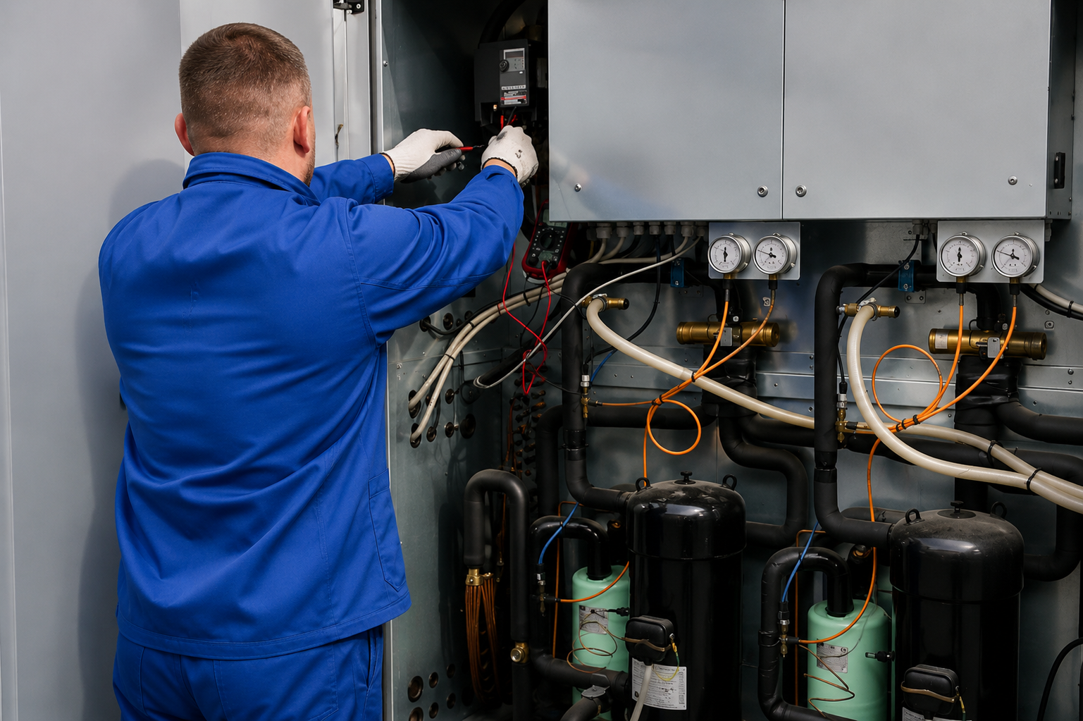 Technician in blue coveralls inspecting electrical equipment and wiring inside a utility room
