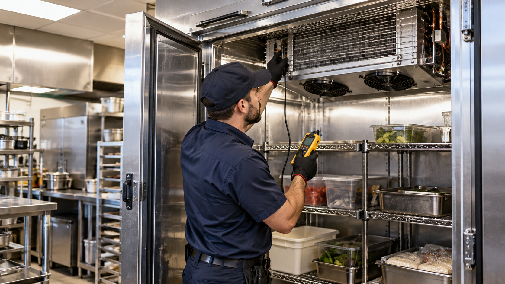 Technician holding a clipboard beside an outdoor air conditioner unit and inspecting it