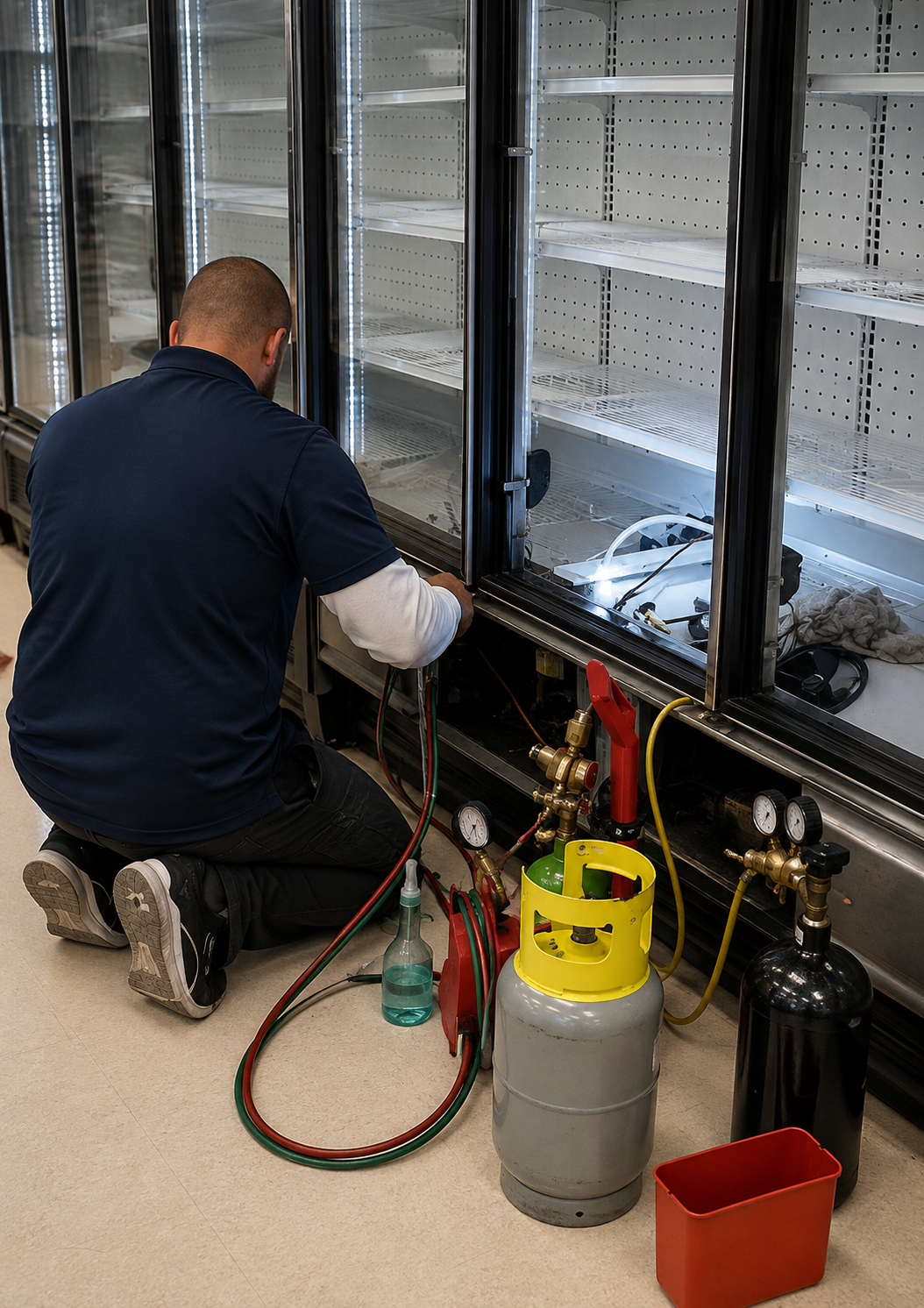 Worker kneels beside equipment in a data center, handling hoses near gas cylinders and a red bin.