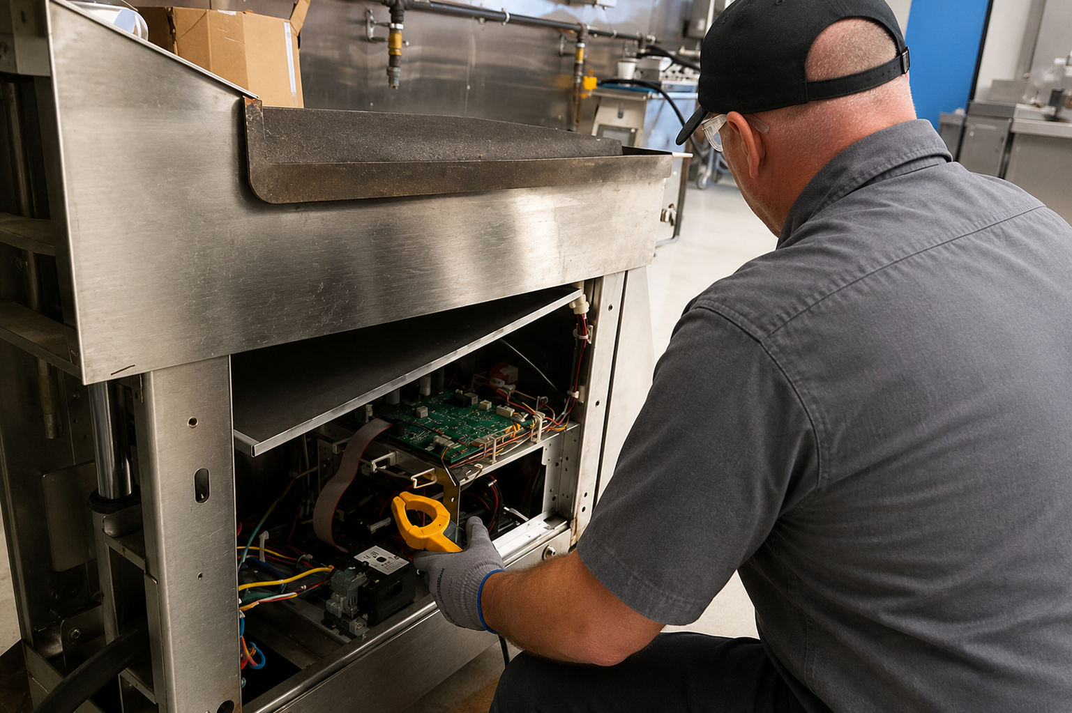 Technician inspecting the open panel of a stainless steel machine in a workshop