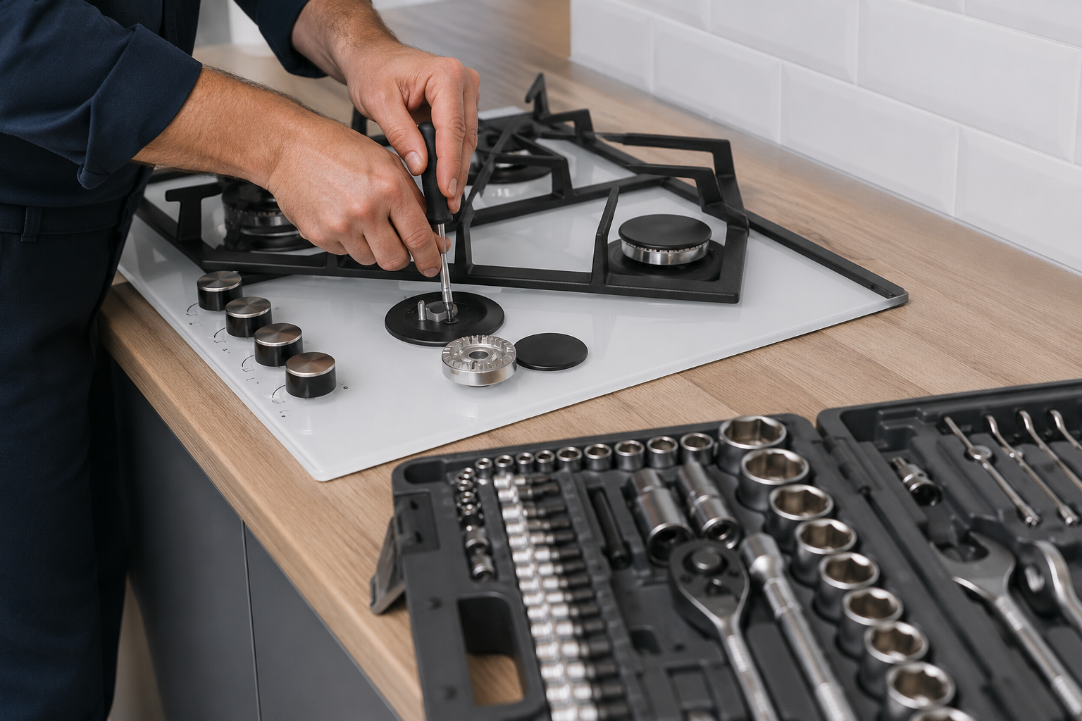 Hands using tools to repair a gas stovetop on a kitchen counter, with a socket wrench set nearby.