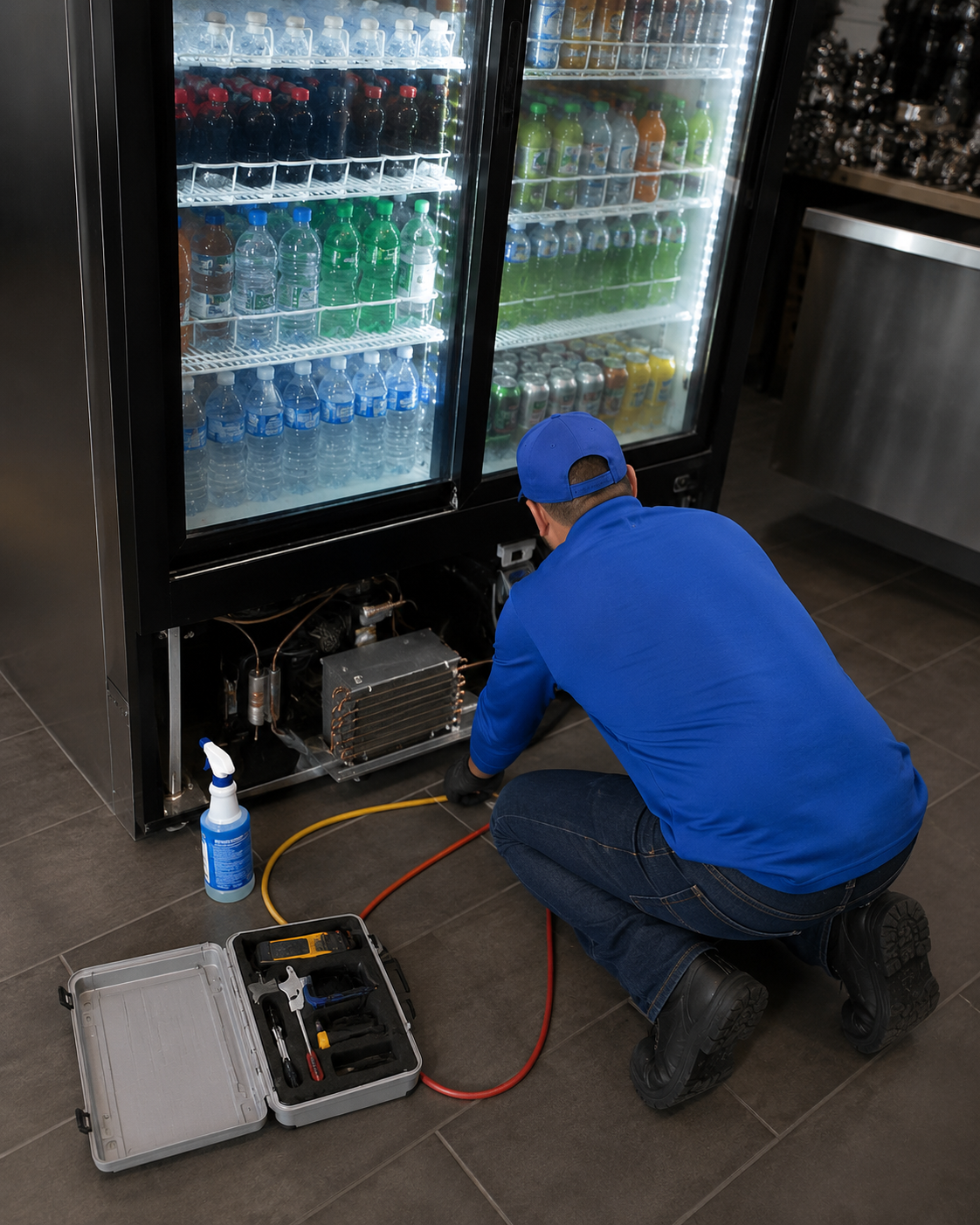 Technician in blue kneels beside a beverage cooler, repairing it with tools and hoses on the floor.