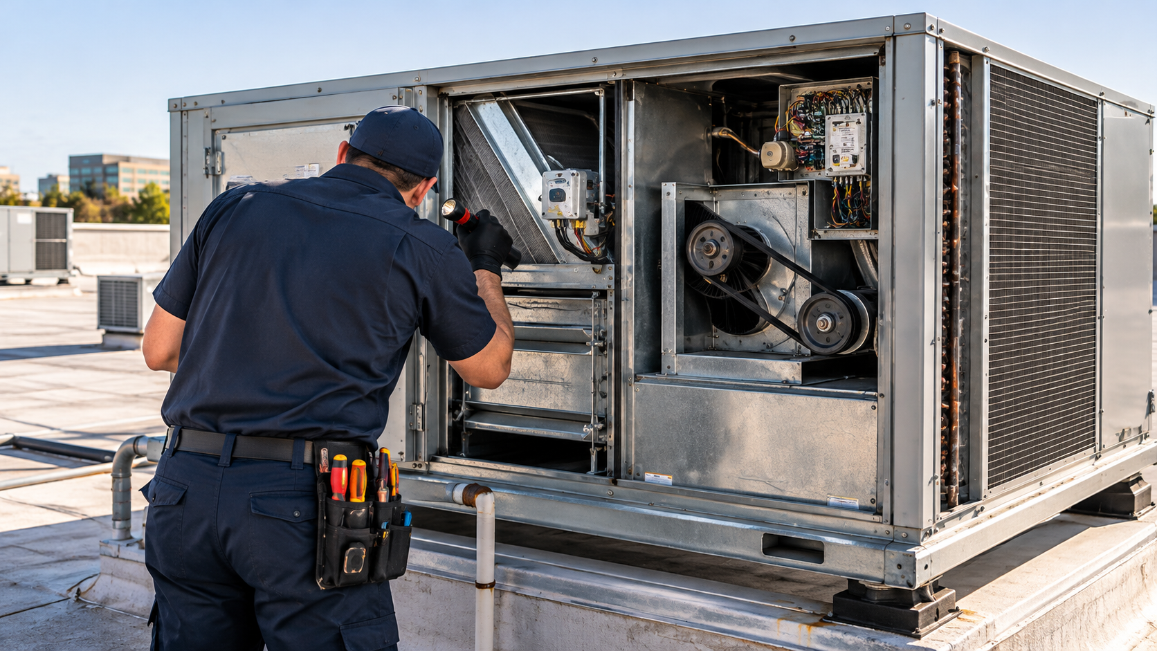 Worker cleaning the lint filter inside a front-load dryer, wearing white gloves.