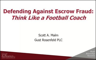 A poster that says defending against escrow fraud think like a football coach