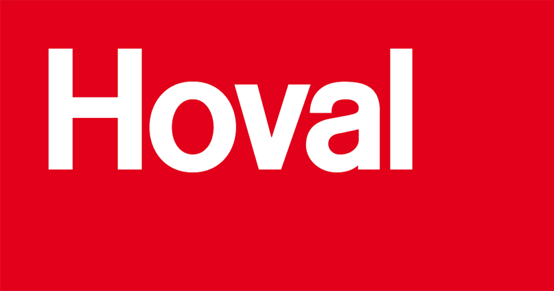 Ein roter Hintergrund mit dem Wort Hoval in weißen Buchstaben.