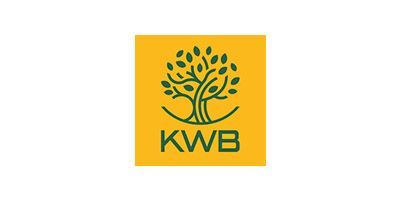 Ein gelbes Logo mit einem Baum und dem Wort kwb darauf.