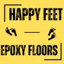 Yellow logo reading &ldquo;Happy Feet Epoxy Floors&rdquo; with black footprints and border