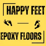 Yellow logo reading &ldquo;Happy Feet Epoxy Floors&rdquo; with black footprints and border
