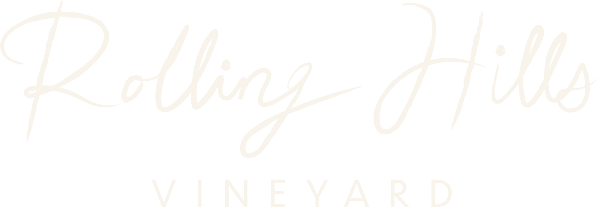 Rolling Hills Vineyard logo in script font, cream color on white background.
