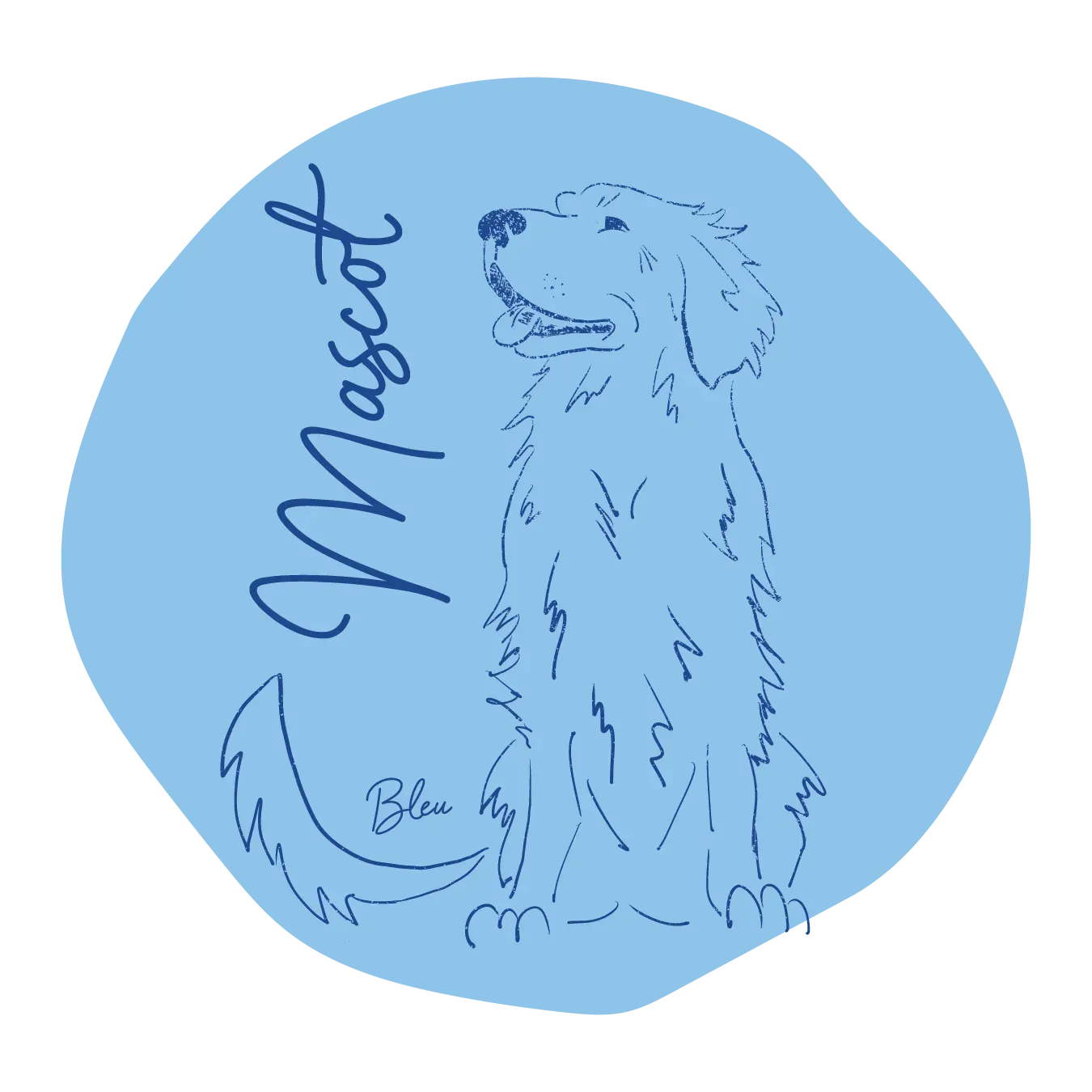 Line drawing of a golden retriever dog, inside a blue circle with the word
