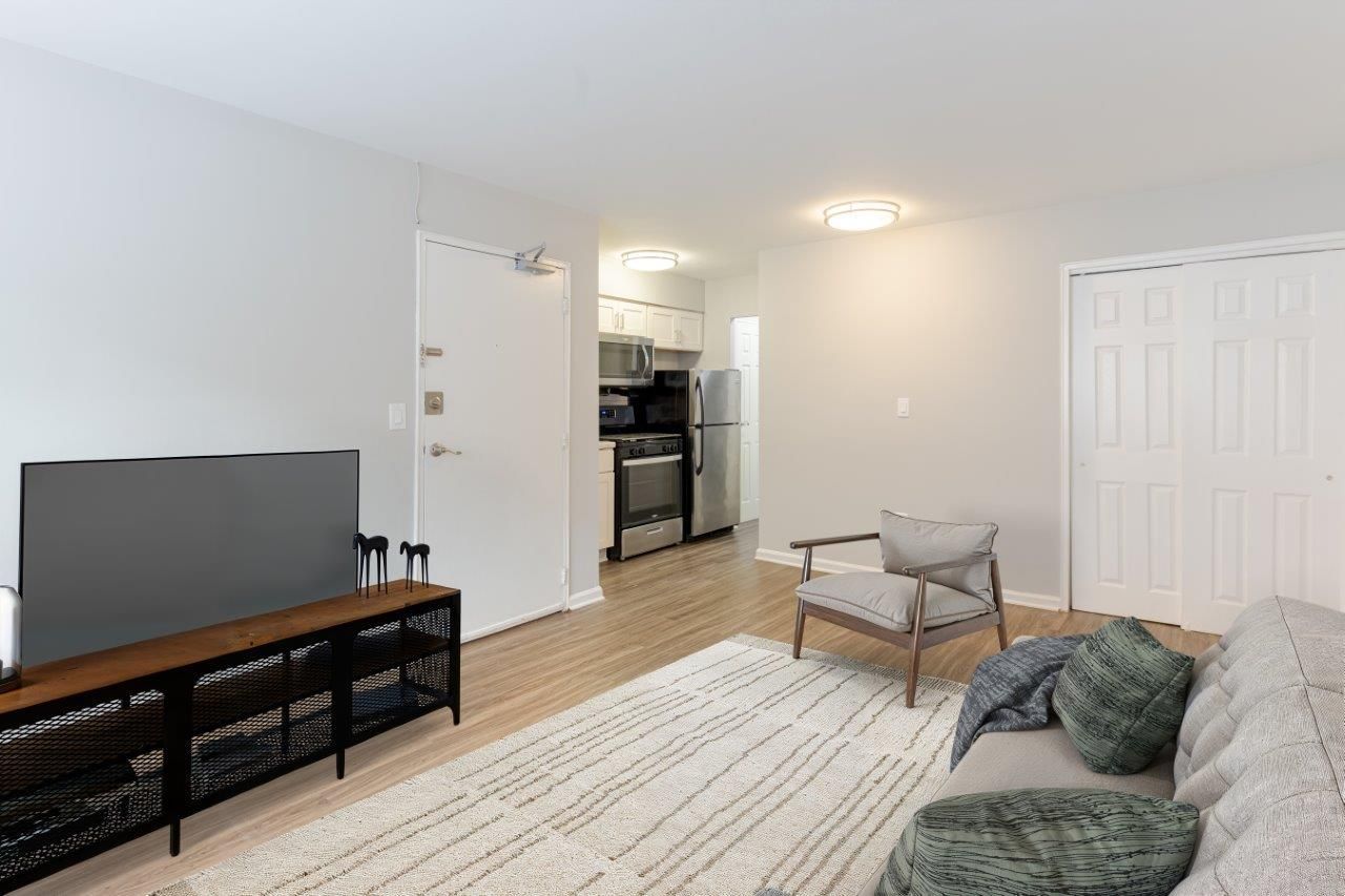 Bright living room with gray sofa, TV, armchair, rug, and open kitchen in the background
