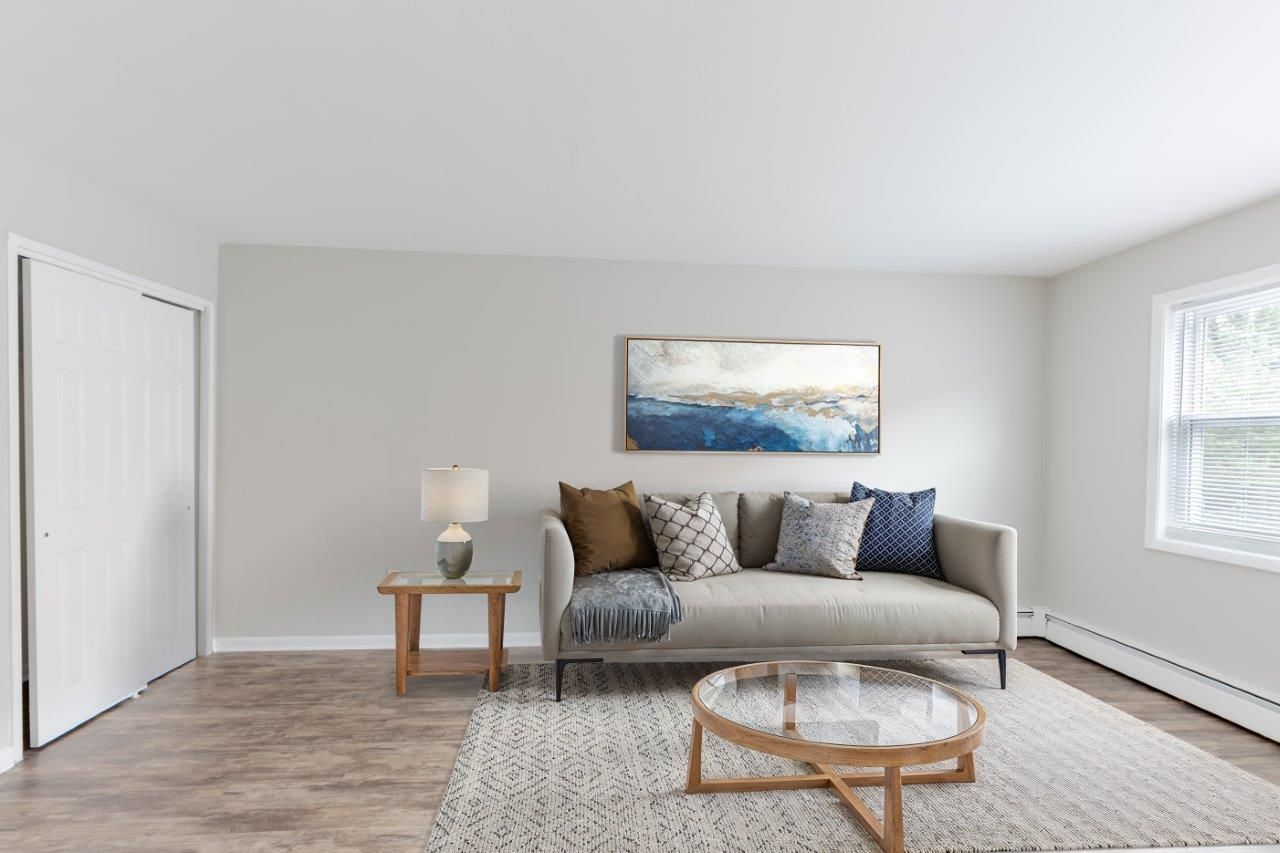 Bright living room with gray sofa, rug, coffee table, side table, and landscape wall art
