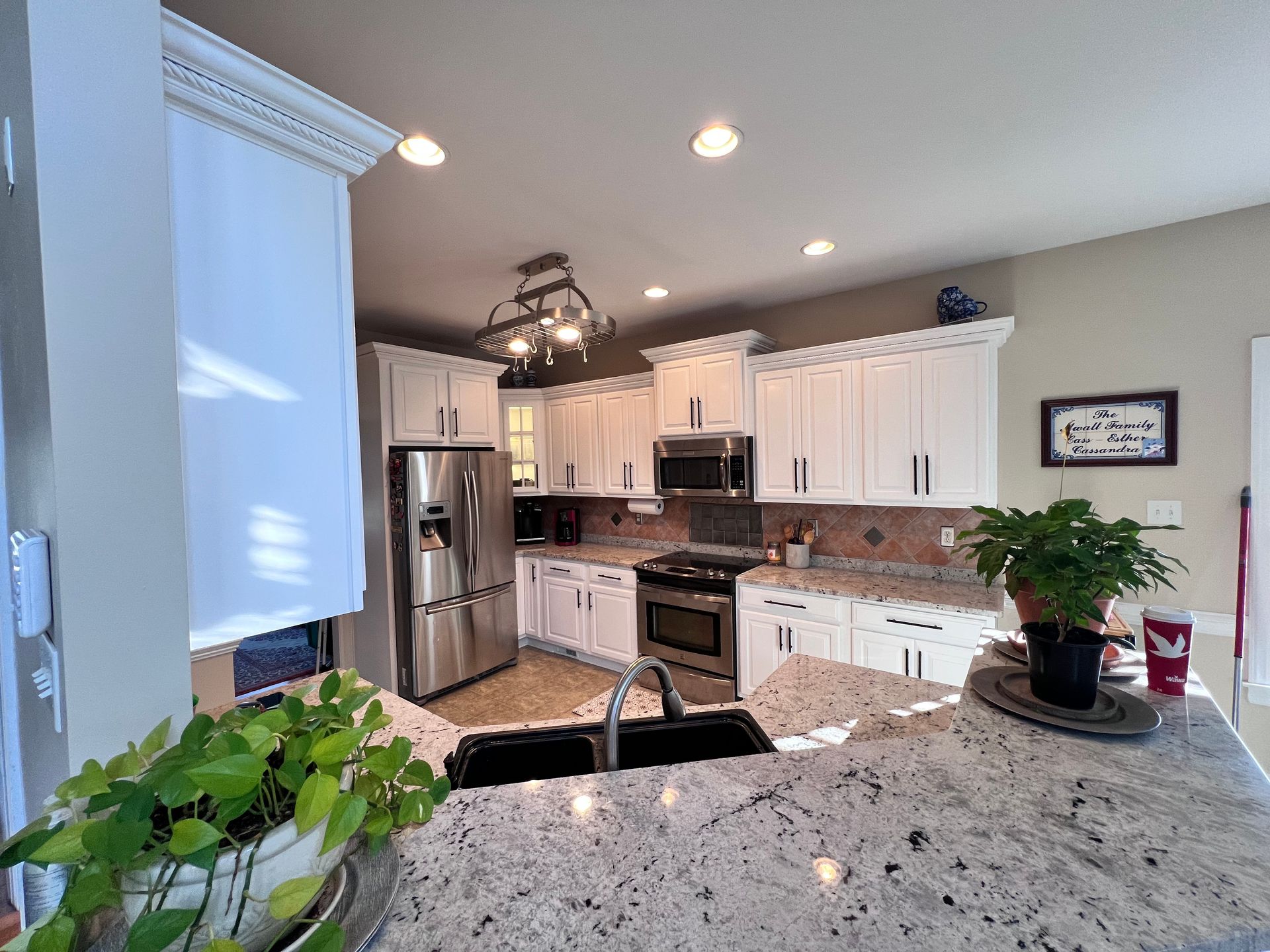Bright kitchen with white cabinets, stainless steel appliances, granite island, and potted plants