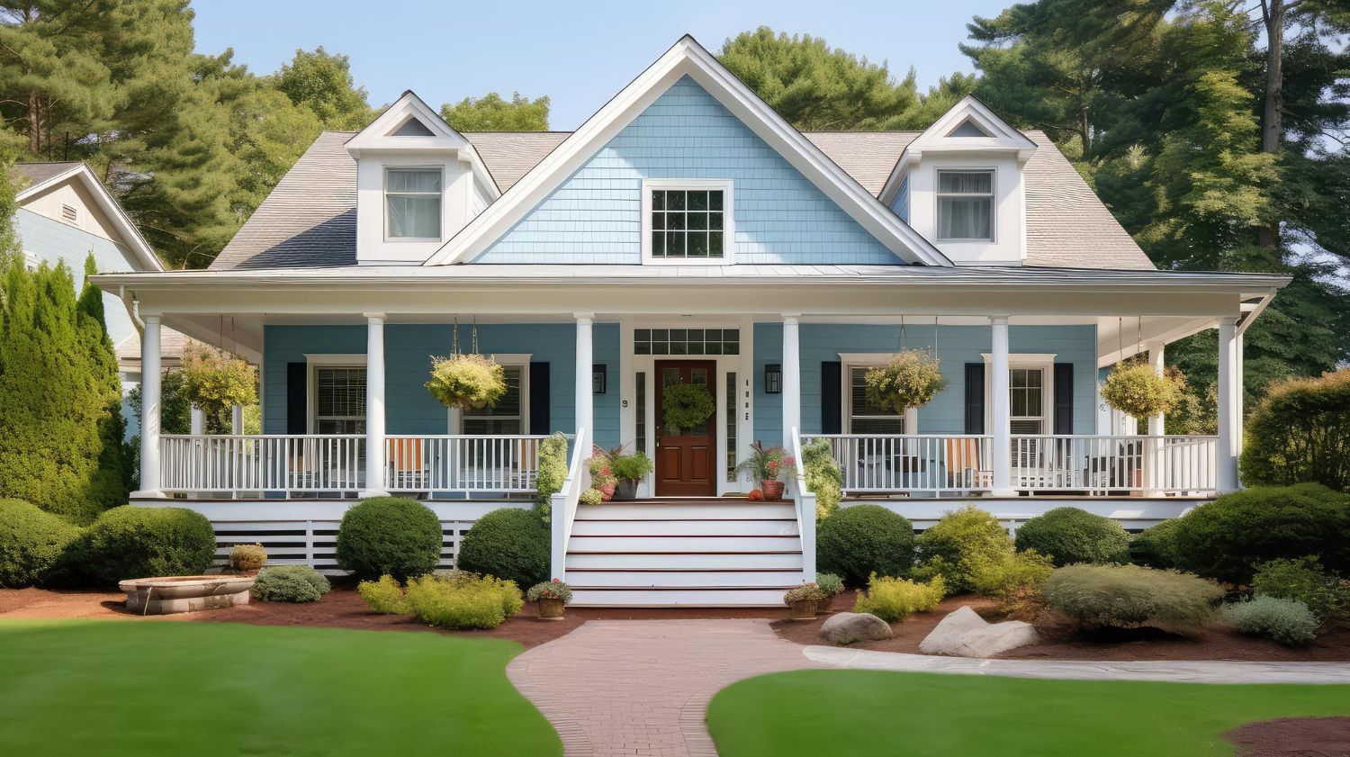 Front porch with blue siding, black door, white wicker chairs, and a potted plant.