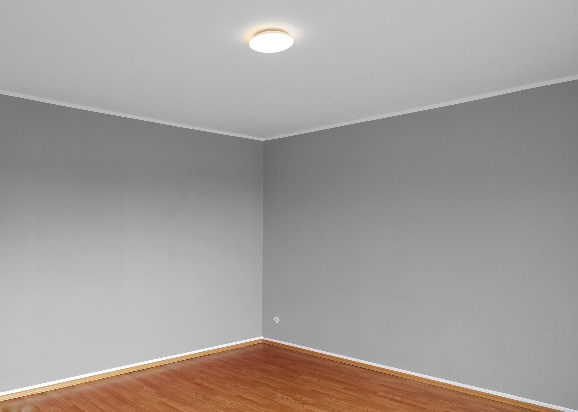 Empty gray room with white ceiling and wood floor, lit by a ceiling light