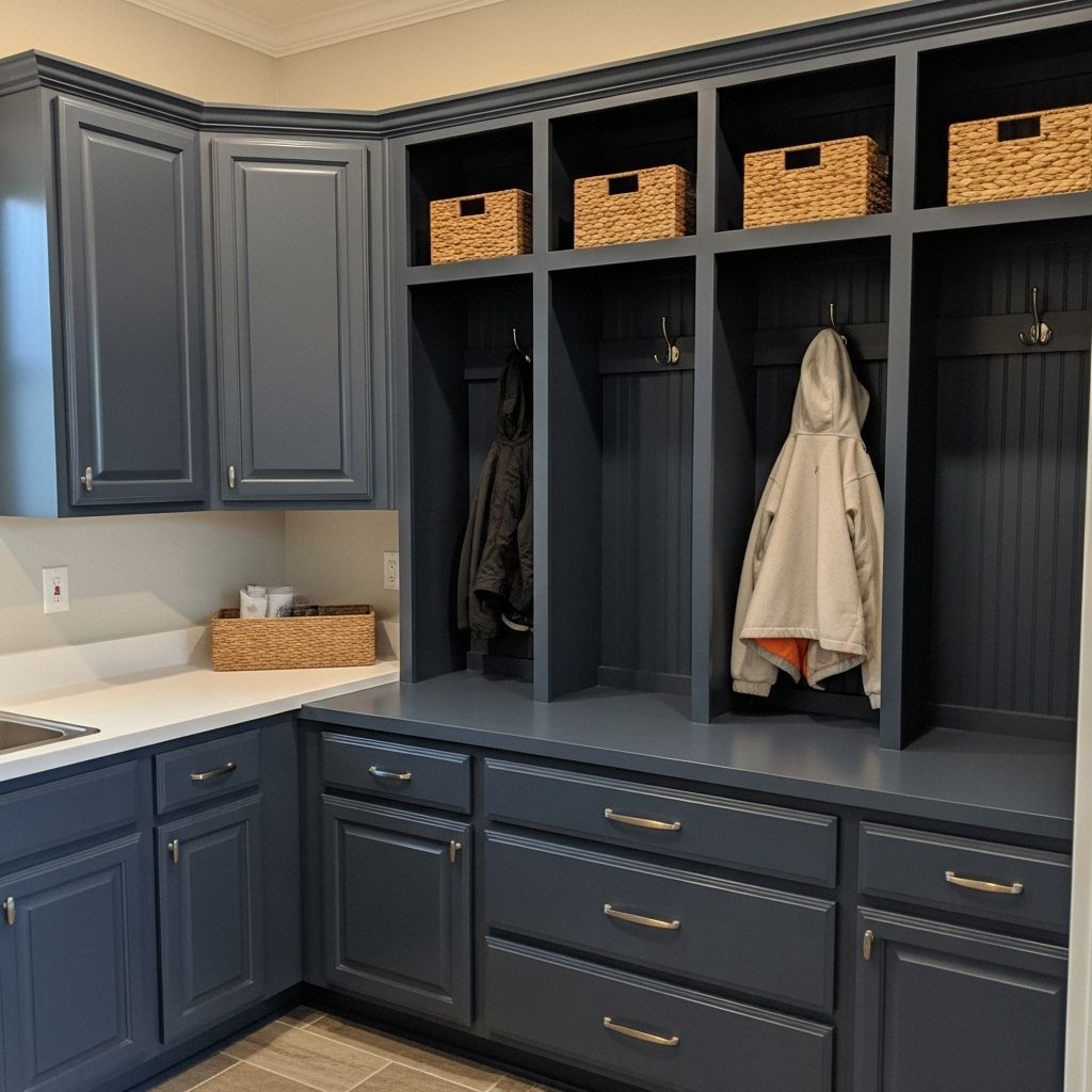 Blue laundry room with cabinets, drawers, cubbies, baskets, and coats hanging.