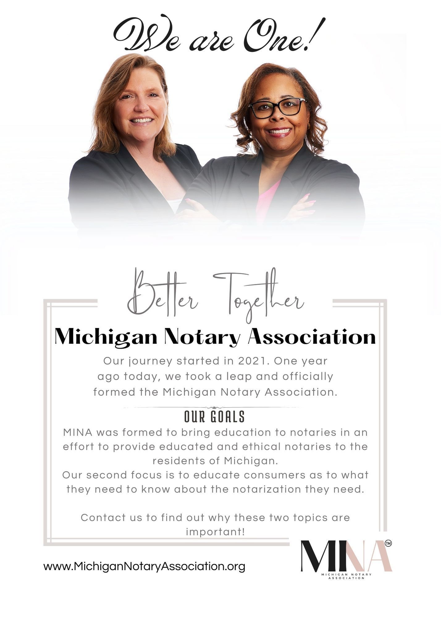 Two women are standing next to each other on a poster for the michigan notary association.