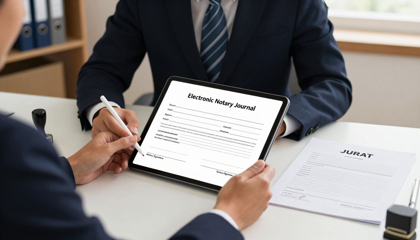 Two people review and sign a document at a desk in an office.