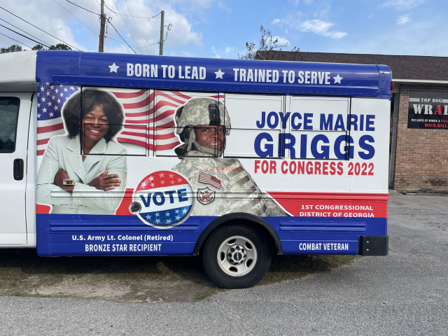 Campaign van for Joyce Marie Griggs for Congress 2022, with U.S. flag graphics and voting message.