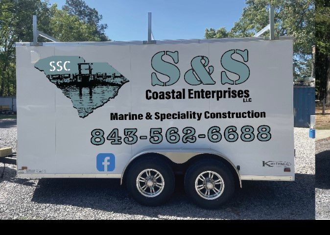 S&S Coastal Enterprises trailer with logo, “Marine & Specialty Construction,” and phone number 845-568-6688