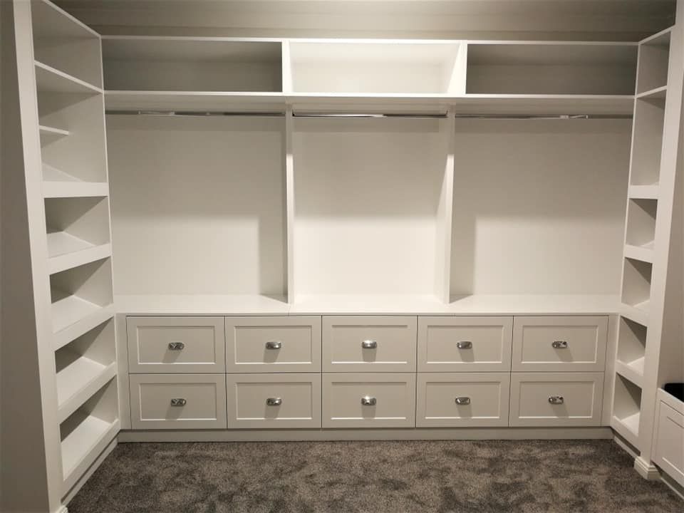White Built-in Closet With Shelves, Drawers, and Hanging Rods — Payton Kitchens In Wilsonton, QLD