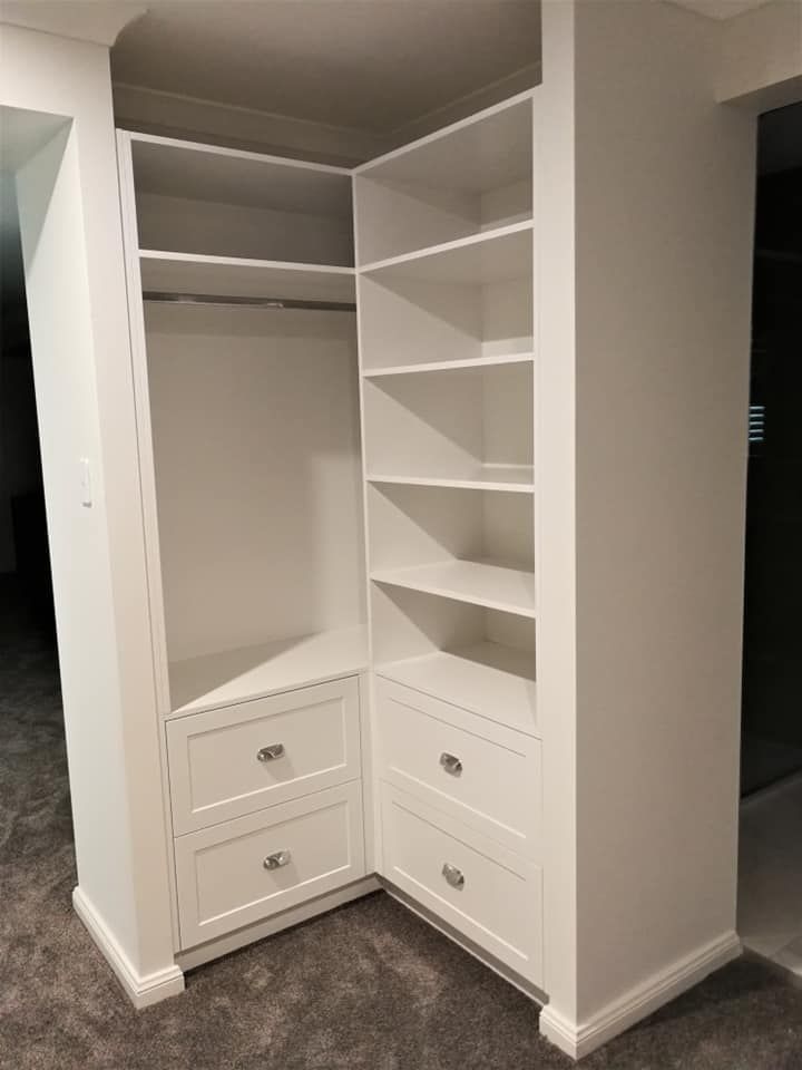 White Custom Built-in Corner Closet With Drawers, Shelves, and Hanging Rod — Payton Kitchens In Wilsonton, QLD