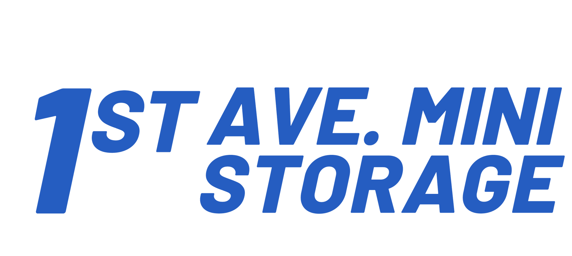 The logo for 1st ave mini storage is blue and white.