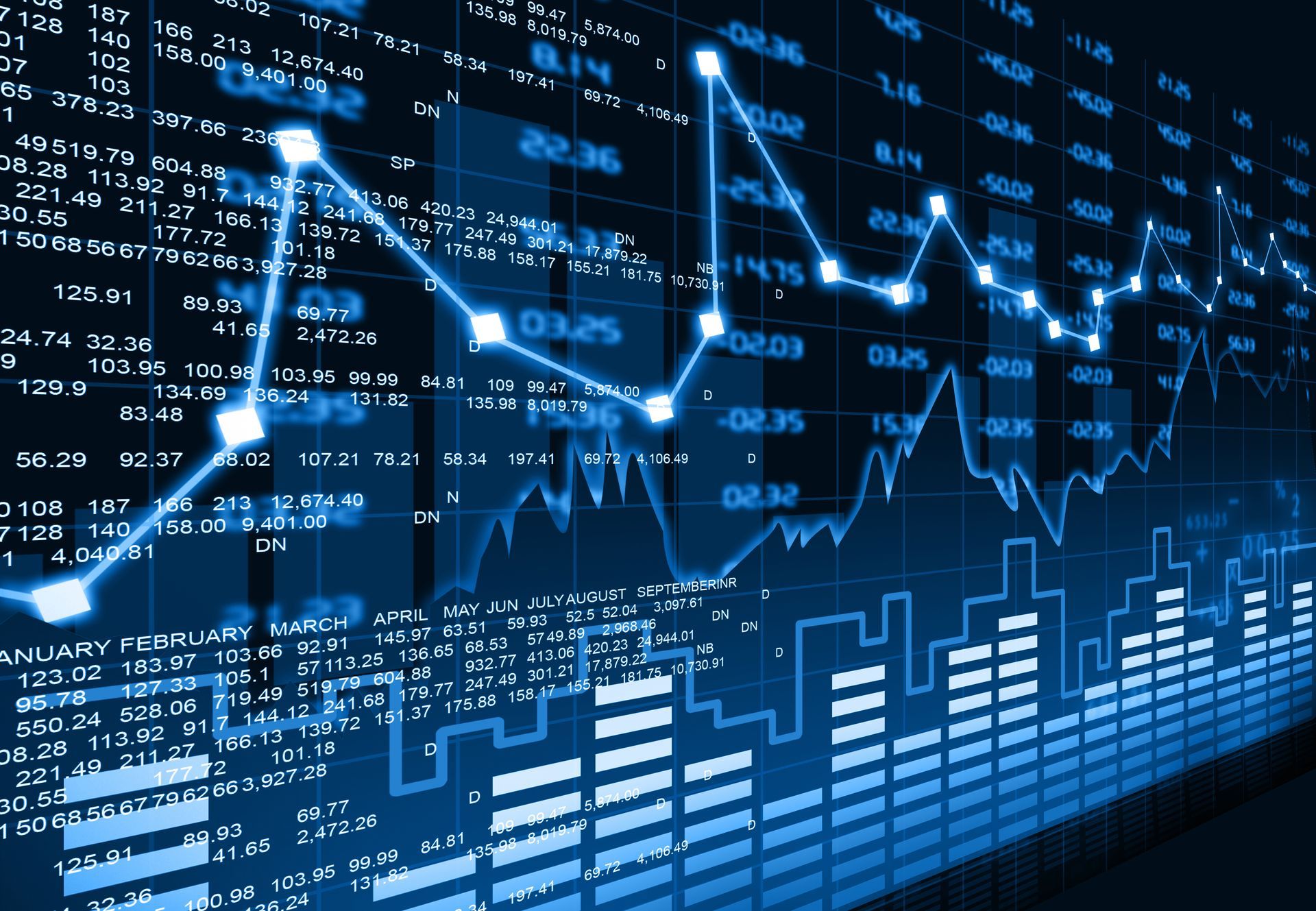 Blue financial chart with glowing line graph and data overlays on a digital screen