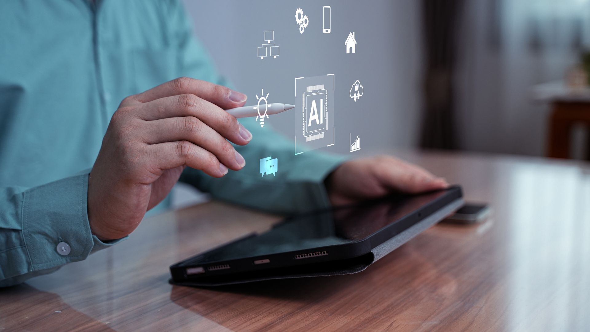 Hand using a transparent AI interface above a tablet on a wooden table