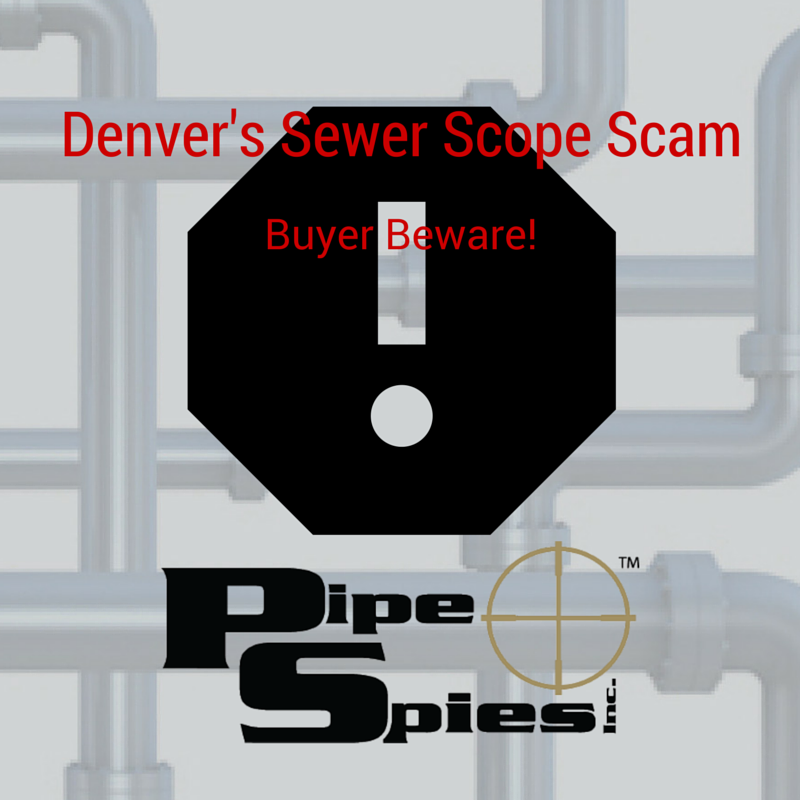 Warning about Denver sewer scope scam. Black octagon with exclamation point; logo of