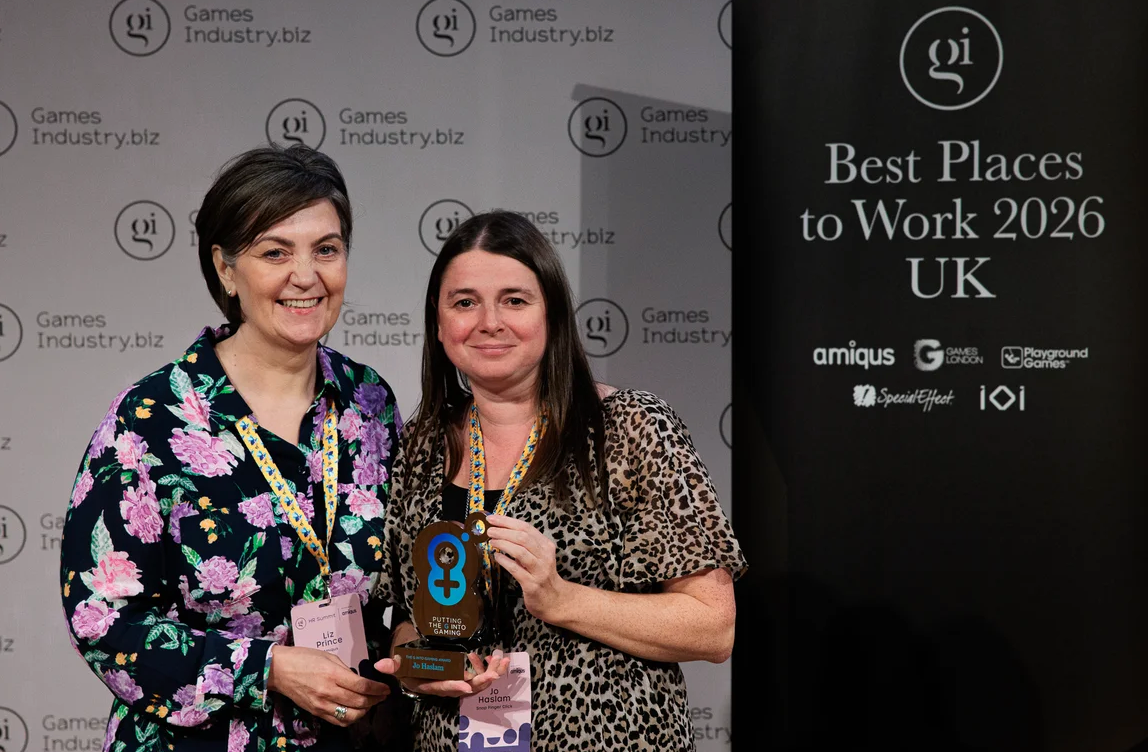 Jo Haslam holding the G Into Gaming Award With Liz Prince.