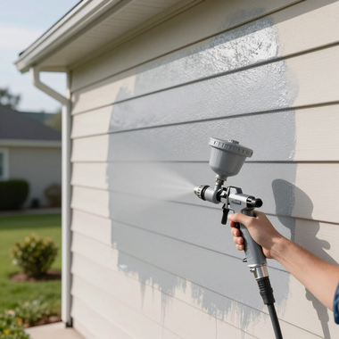 Person spray-painting a white house exterior wall with a paint sprayer