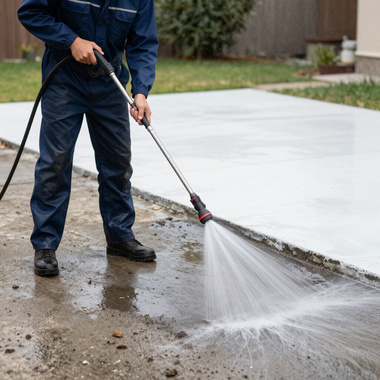 Person pressure-washes a concrete driveway beside a wet curb and sidewalk.
