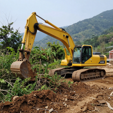 Yellow excavator clearing dirt on a rough hillside road with mountains in the background