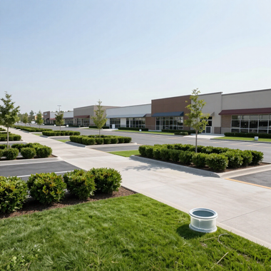 Empty shopping center parking lot with sidewalks, trimmed shrubs, and a clear blue sky