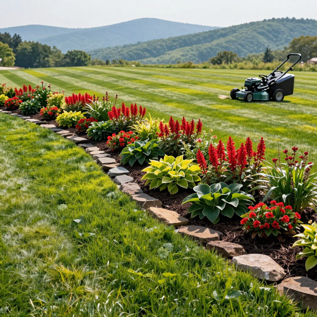 Landscaped flower beds in a grassy field with a lawn mower and rolling hills beyond