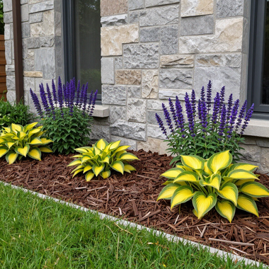 Landscaped flower bed with yellow-green hostas and purple salvia along a stone house wall