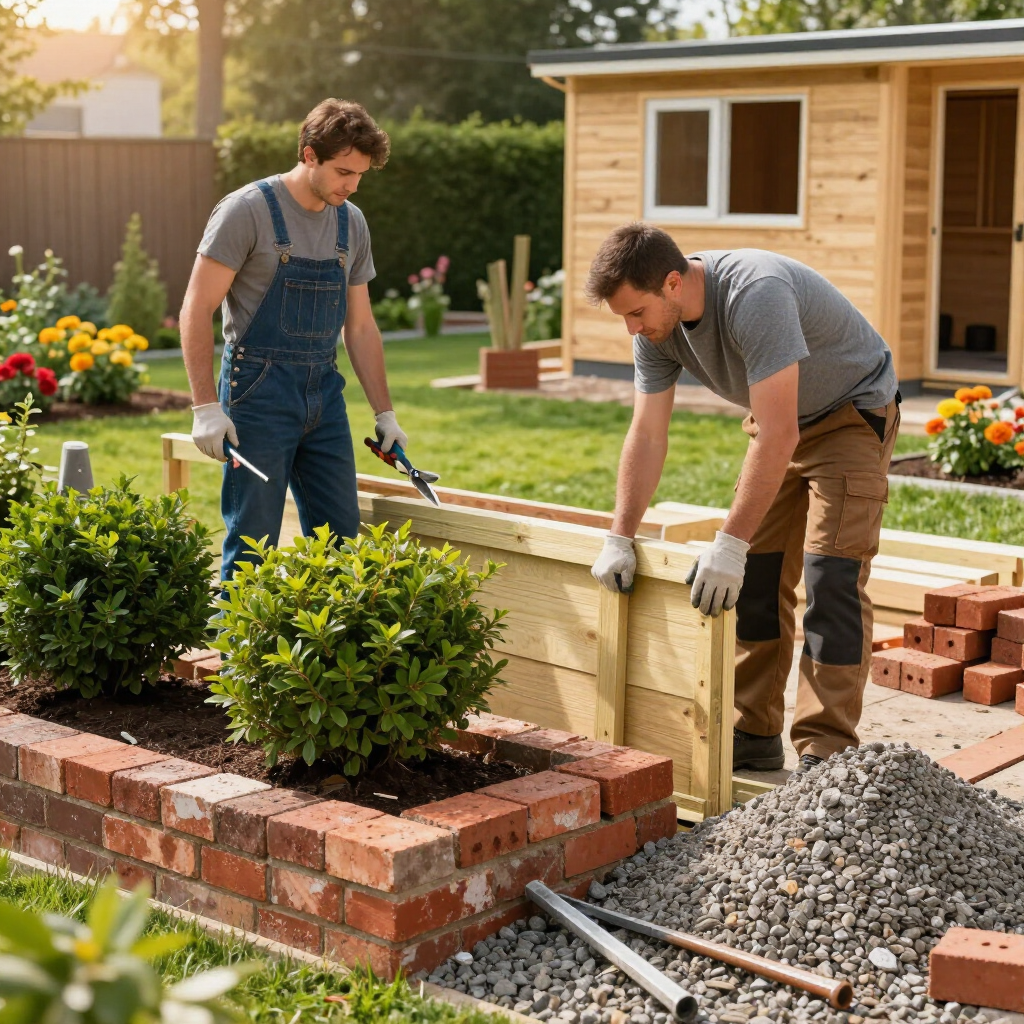 Two workers building a brick garden wall beside a wooden shed and stacked pavers.