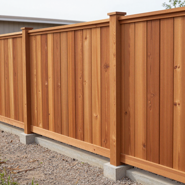 Wooden privacy fence with vertical slats and concrete posts along a gravel edge