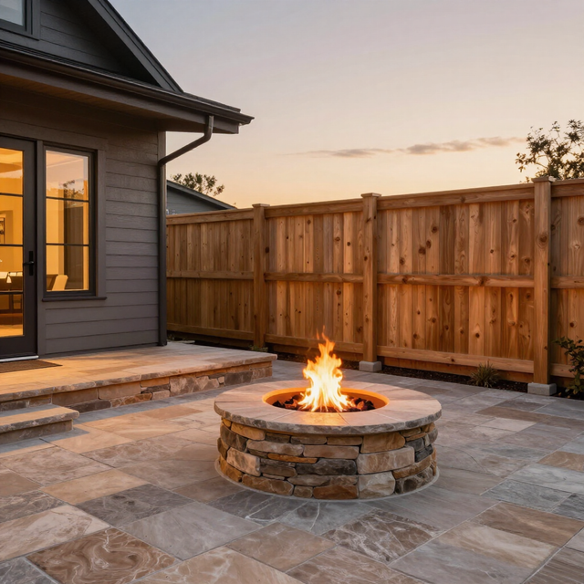 Stone fire pit burning on a patio beside a house and wooden fence at dusk