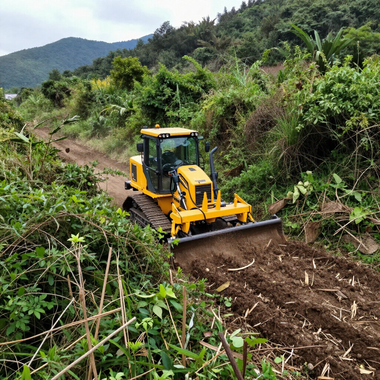 Yellow bulldozer clearing a dirt path through dense green vegetation in a hilly area