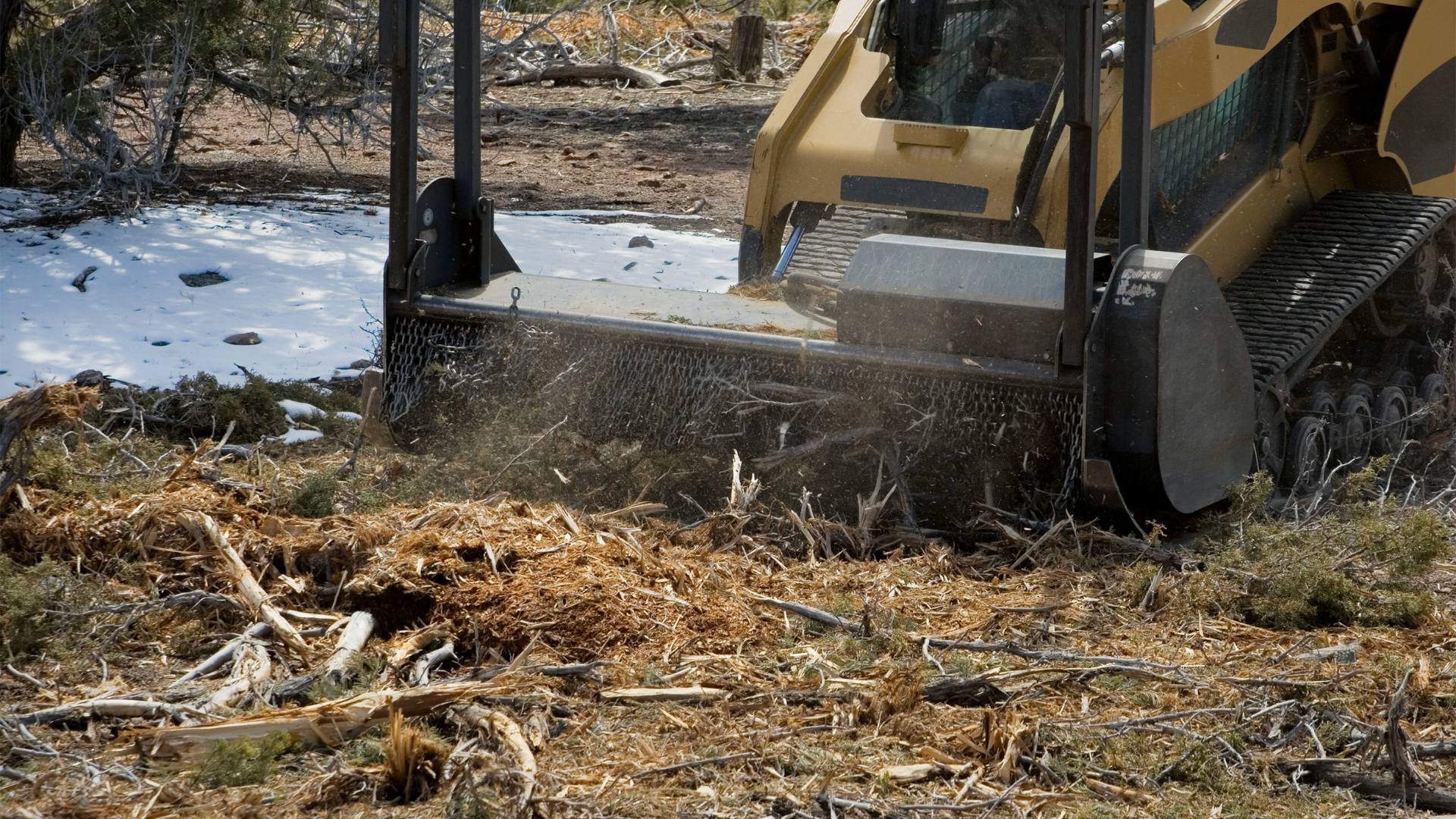 Excavator clearing dry brush in a snowy field near bare trees
