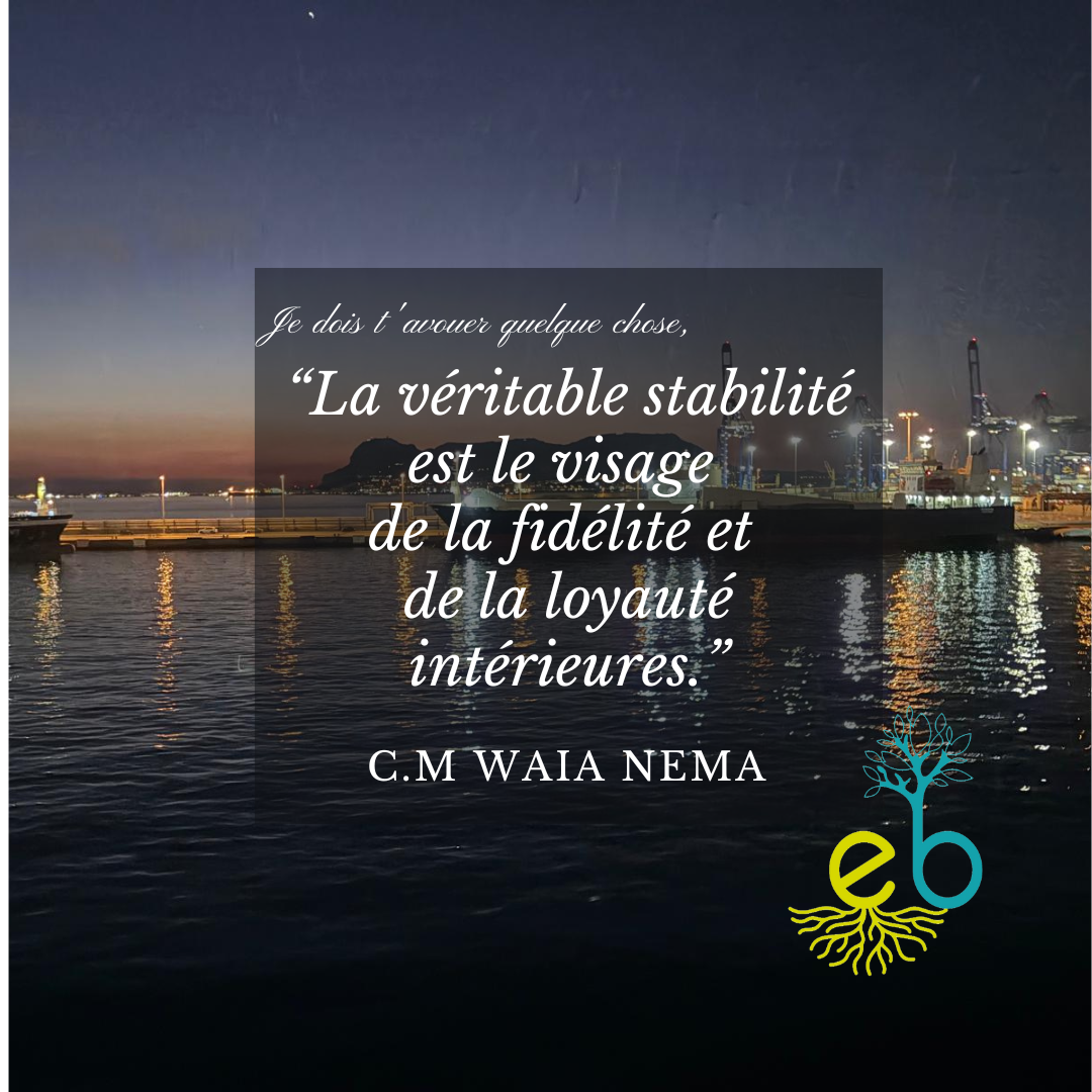 Citation sur l'eau : « La véritable stabilité est le reflet de la fidélité et de la loyauté intérieures. » CM WAIA NEMA. Logo EB.