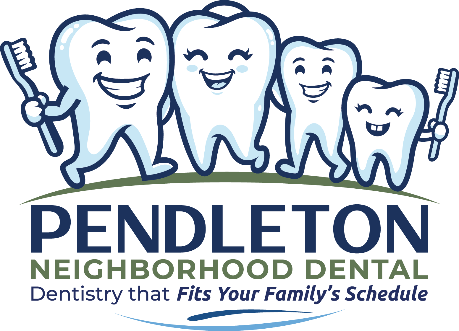 Pendleton Neighborhood Dental logo with smiling teeth and toothbrush, blue and green text.