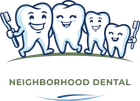 Neighborhood Dental logo with smiling cartoon teeth and a toothbrush in blue and green